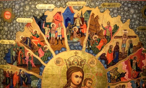 Vierge à l'Enfant et scènes des Évangiles - Icône russe à fond doré, XIXe siècle - Romano Ischia